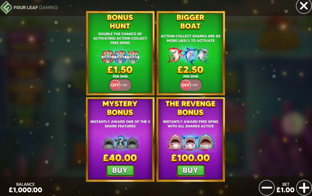 The Ultra Shark Free Spins feature is where the excitement peaks, combining all collector sharks for a multi-board frenzy where multipliers stack and jackpots swim into play.